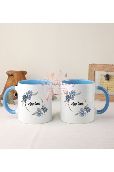 Kişiye Özel Öğretmenler Günü Hediyesi İsimli Çiçek Motifli  İkili Mavi Kupa Bardak