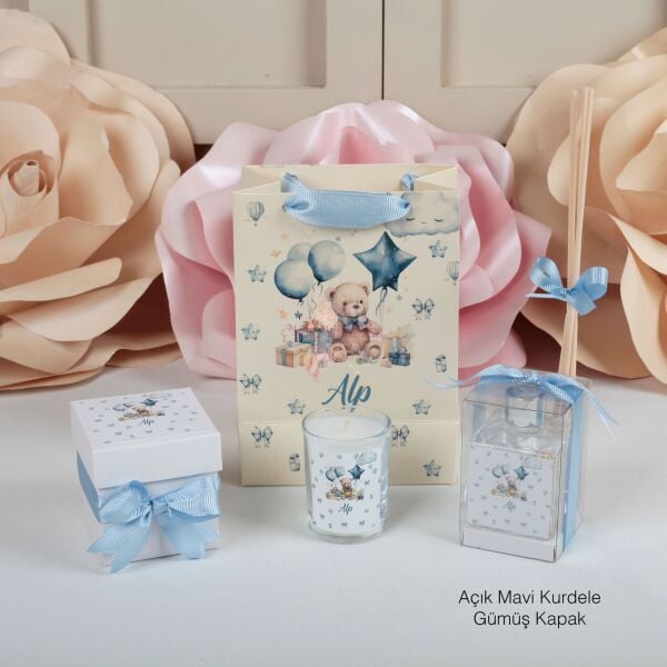 Ayıcık Konseptli Kokulu Kutulu Mum, Oda Kokusu ve Baskılı Karton Çanta Hediye Seti