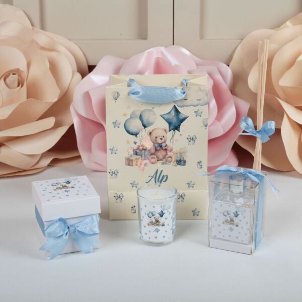 Ayıcık Konseptli Kokulu Kutulu Mum, Oda Kokusu ve Baskılı Karton Çanta Hediye Seti