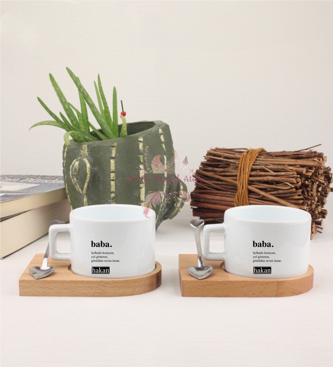 Kişiye Özel Babalar Günü İkili Ahşap Altlıklı Fincan