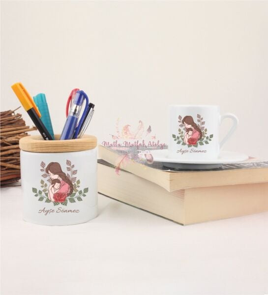 Kişiye Özel Anneler Günü Kalemlik ve Türk Kahvesi Fincanı