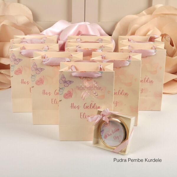 Kelebek Konseptli Hediyelik Kutulu Gold Ayna Ve Baskılı Karton Çanta Seti