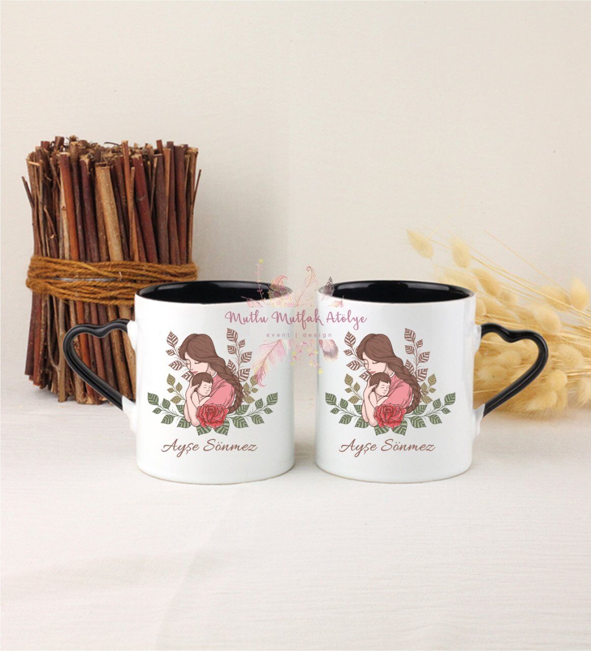 Kişiye Özel Anneler Günü İkili Siyah Kalpli Kupa Bardak