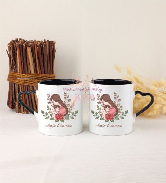 Kişiye Özel Anneler Günü İkili Siyah Kalpli Kupa Bardak