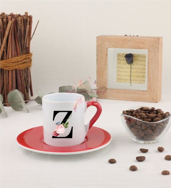 Z Harfi Çiçek Desenli Kırmızı Türk Kahvesi Fincanı