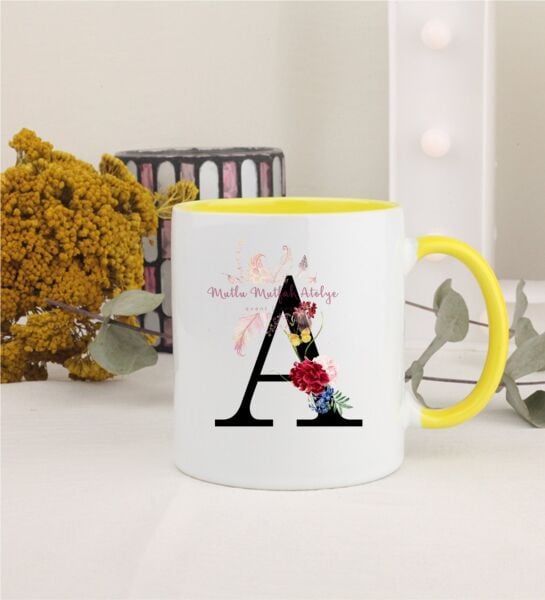 A Harfi Çiçek DesenliSarı Kupa Bardak