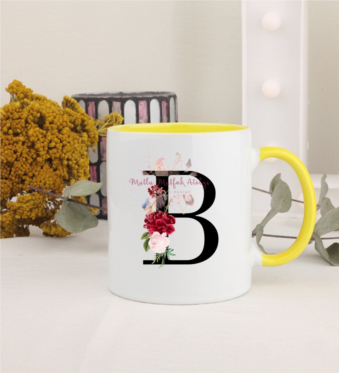 B Harfi Çiçek DesenliSarı Kupa Bardak