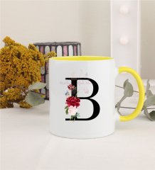 B Harfi Çiçek DesenliSarı Kupa Bardak