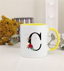 C Harfi Çiçek DesenliSarı Kupa Bardak