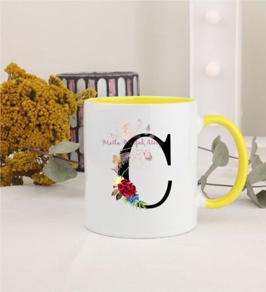 C Harfi Çiçek DesenliSarı Kupa Bardak