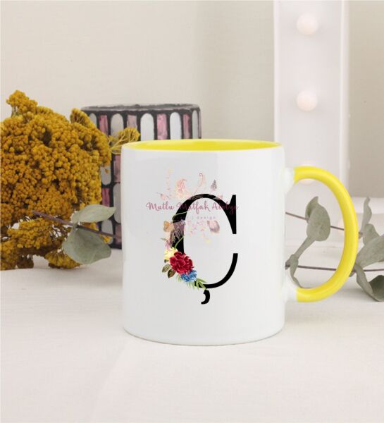 Ç Harfi Çiçek Desenli Sarı Kupa Bardak