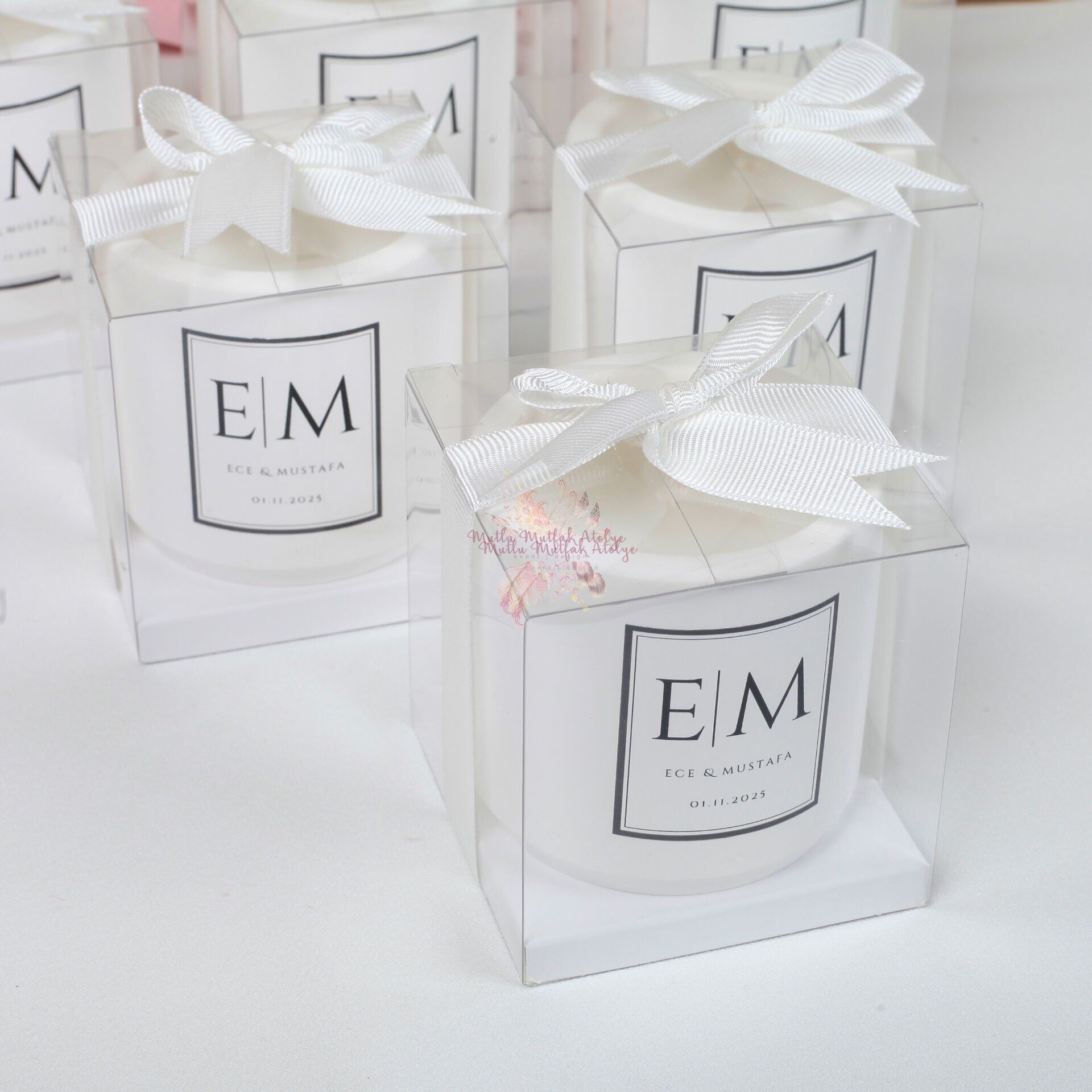 Vanilya Kokulu Kurdeleli Kutulu Beton Mum Nişan Düğün Hediyeliği