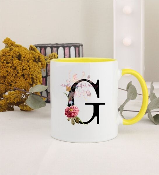 F Harfi Çiçek Desenli Sarı Kupa Bardak