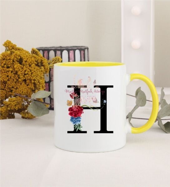 H Harfi Çiçek Desenli Sarı Kupa Bardak