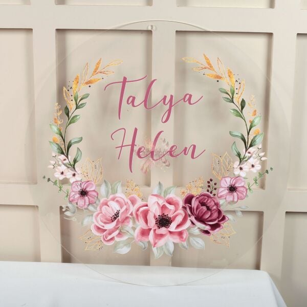 Kişiye Özel Çiçek Desenli Pleksi Karşılama Panosu | İsimli Kapı Süsü