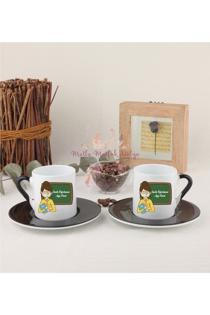 Kişiye Özel Öğretmenler Günü Hediyesi Bayan Öğretmen Mesleki İkili Siyahlı Türk Kahvesi Fincanı