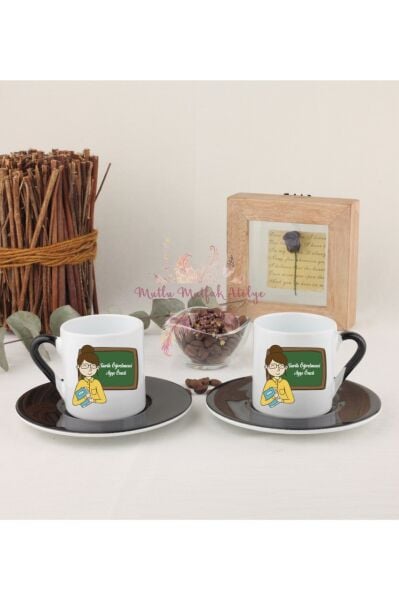 Kişiye Özel Öğretmenler Günü Hediyesi Bayan Öğretmen Mesleki İkili Siyahlı Türk Kahvesi Fincanı
