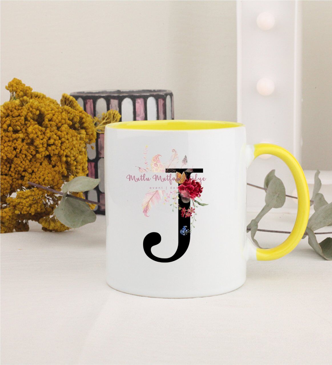 J Harfi Çiçek Desenli Sarı Kupa Bardak