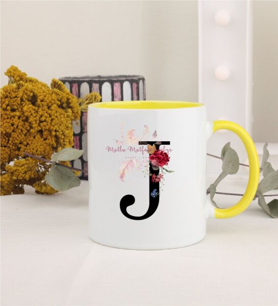 J Harfi Çiçek Desenli Sarı Kupa Bardak