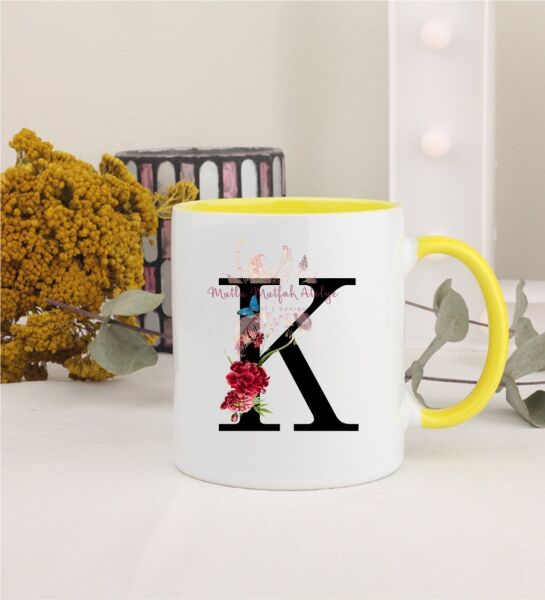 K Harfi Çiçek Desenli Sarı Kupa Bardak