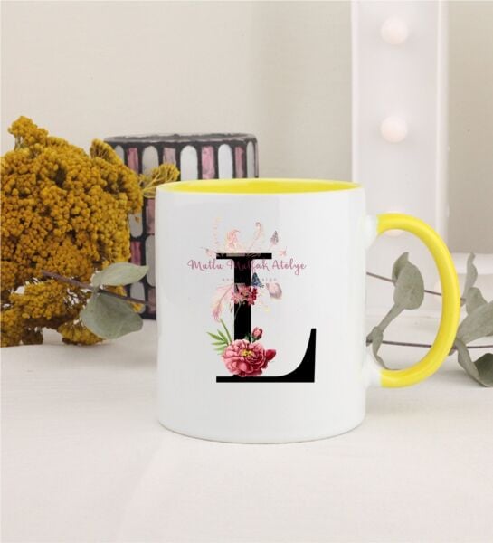 L Harfi Çiçek Desenli Sarı Kupa Bardak