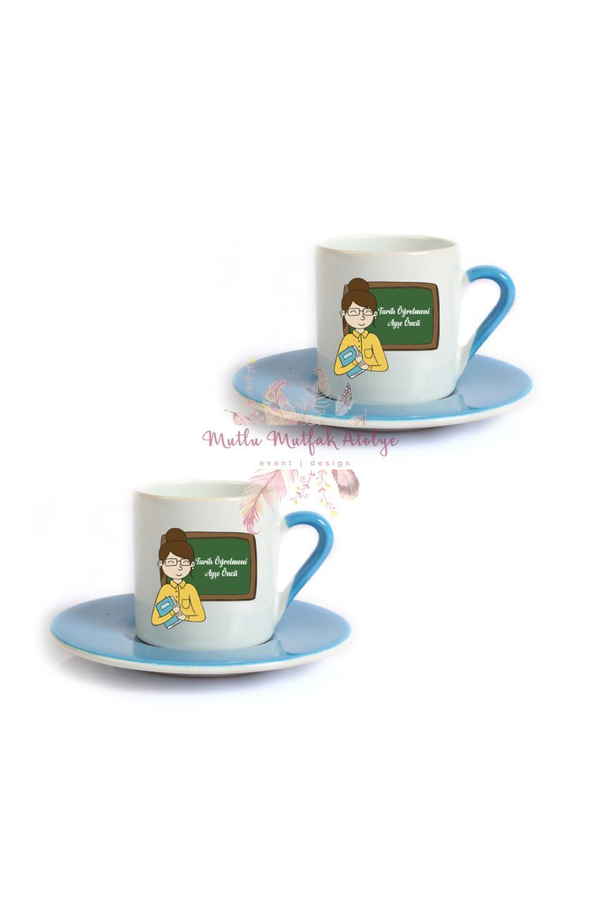 Kişiye Özel Öğretmenler Günü Hediyesi Bayan Öğretmen Mesleki İkili Mavi Türk Kahvesi Fincanı