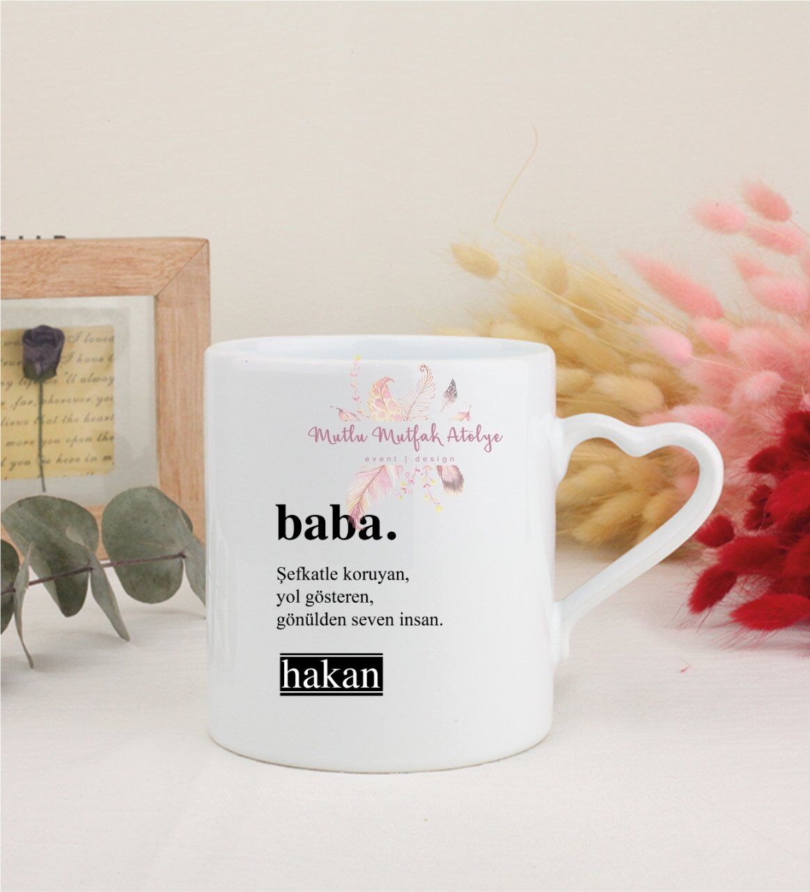 Kişiye Özel Babalar Günü Beyaz Kalpli Kupa Bardak