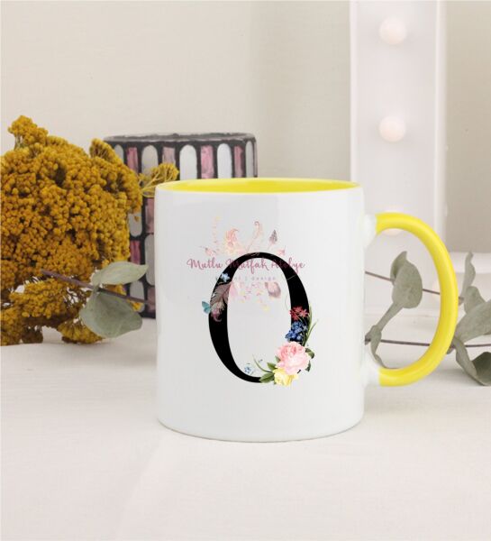 O Harfi Çiçek Desenli Sarı Kupa Bardak