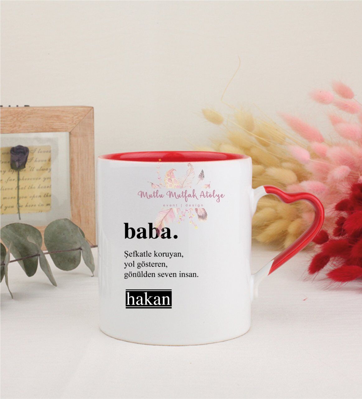 Kişiye Özel Babalar Günü Kırmızı Kalpli Kupa Bardak