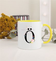 Ö Harfi Çiçek Desenli Sarı Kupa Bardak