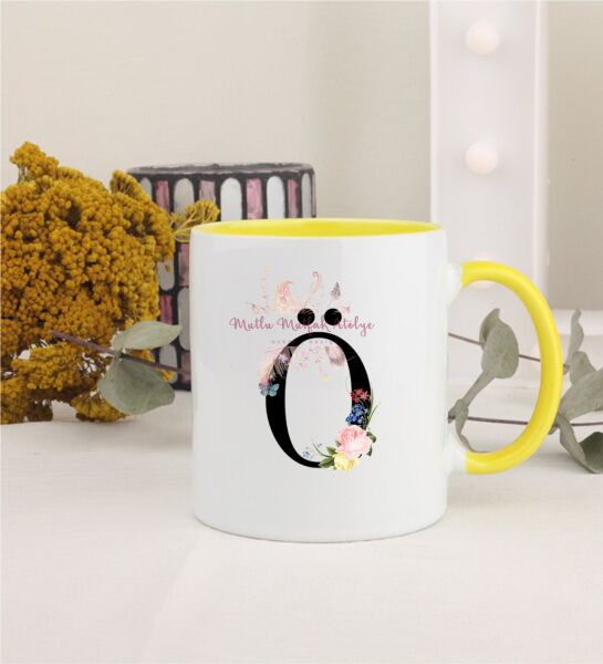 Ö Harfi Çiçek Desenli Sarı Kupa Bardak