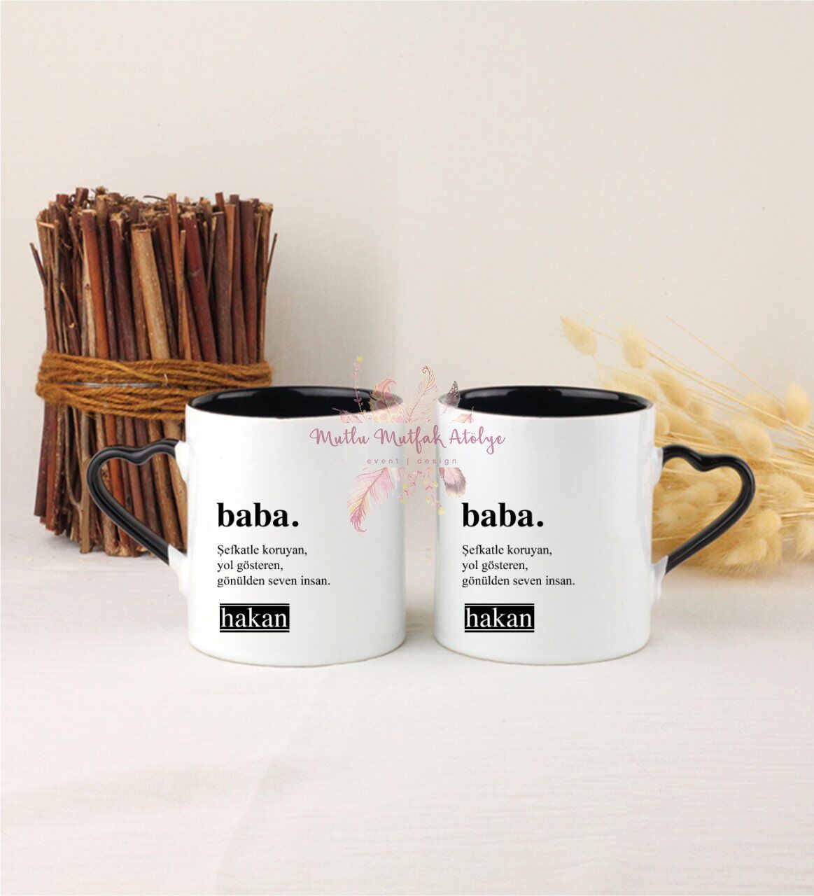 Kişiye Özel Babalar Günü İkili Siyah Kalpli Kupa Bardak
