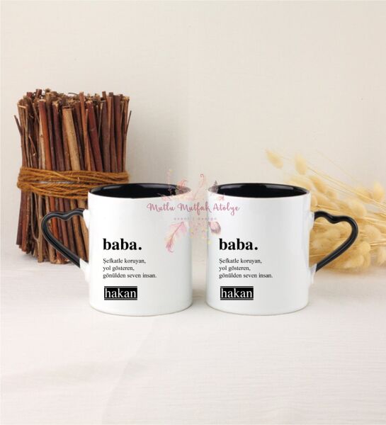 Kişiye Özel Babalar Günü İkili Siyah Kalpli Kupa Bardak