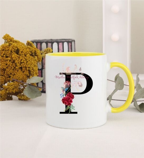 P Harfi Çiçek Desenli Sarı Kupa Bardak