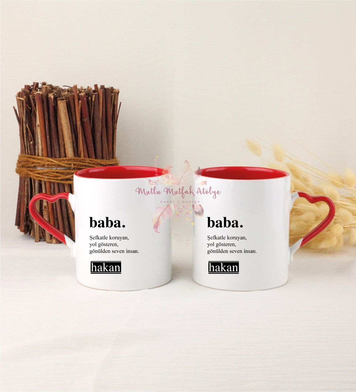 Kişiye Özel Babalar Günü İkili Kırmızı Kalpli Kupa Bardak