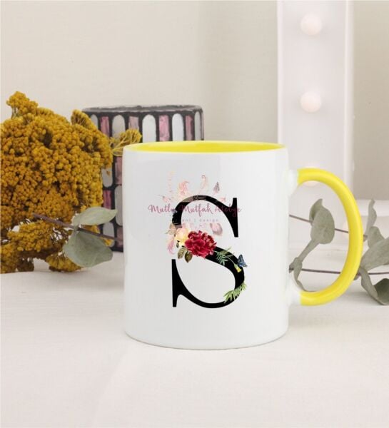 S Harfi Çiçek Desenli Sarı Kupa Bardak