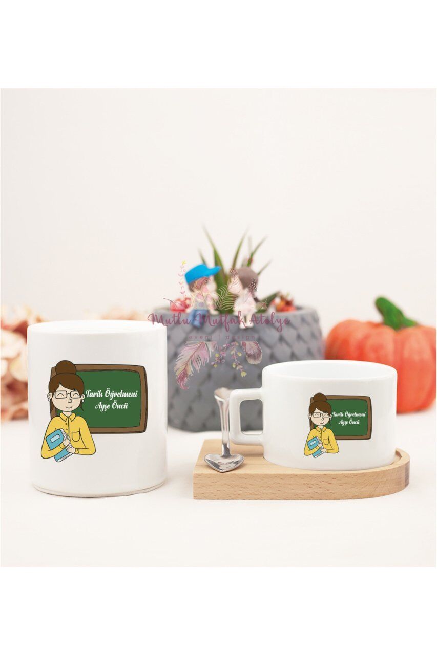 Kişiye Özel Öğretmenler Günü Hediyesi Bayan Öğretmen Mesleki Ahşap Altlıklı Fincan ve Kumbara