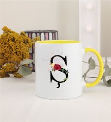 Ş Harfi Çiçek Desenli Sarı Kupa Bardak
