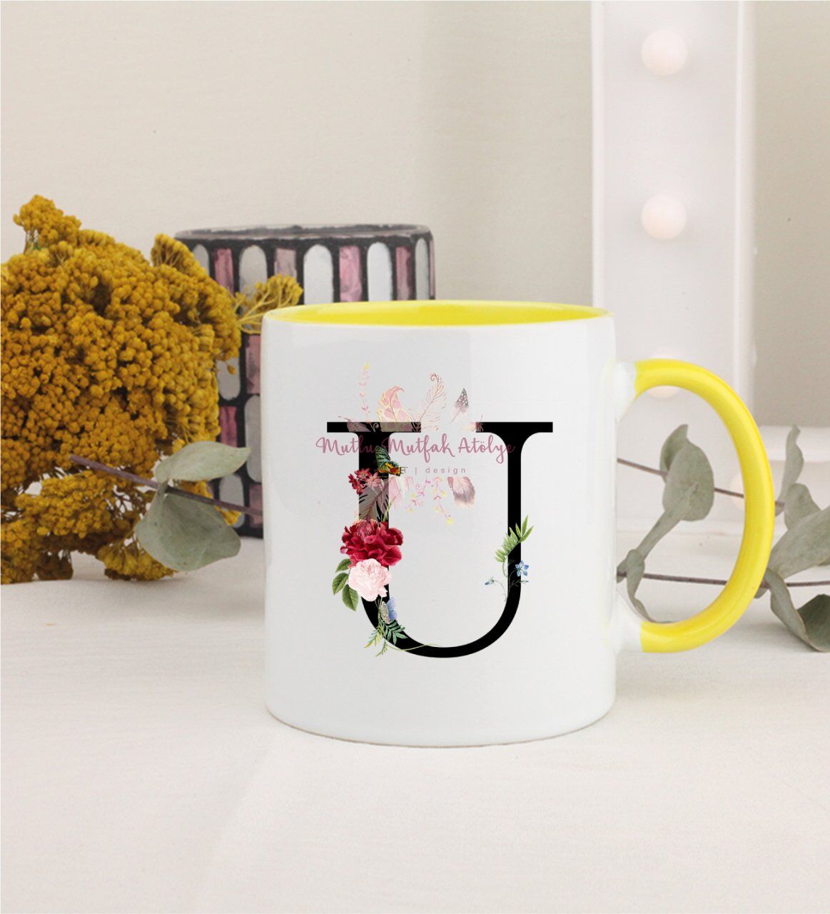 U Harfi Çiçek Desenli Sarı Kupa Bardak