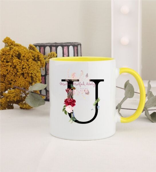 U Harfi Çiçek Desenli Sarı Kupa Bardak