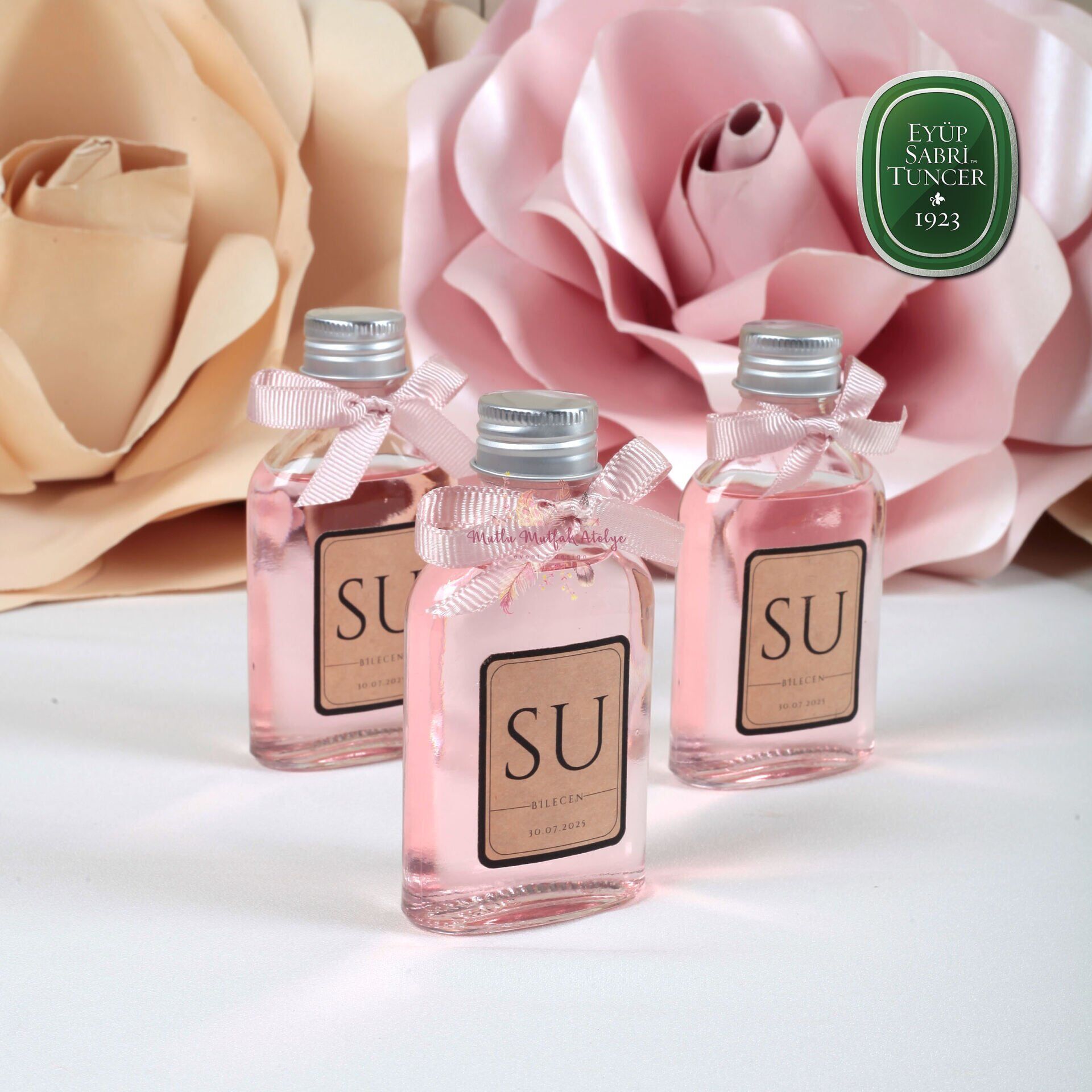 Metal Kapaklı Yassı Cam Şişe Düğün - Nişan - Bebek Kolonya Hediyeliği Eyüp Sabri Tuncer