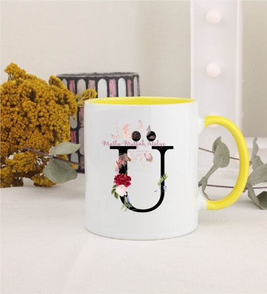 Ü Harfi Çiçek Desenli Sarı Kupa Bardak