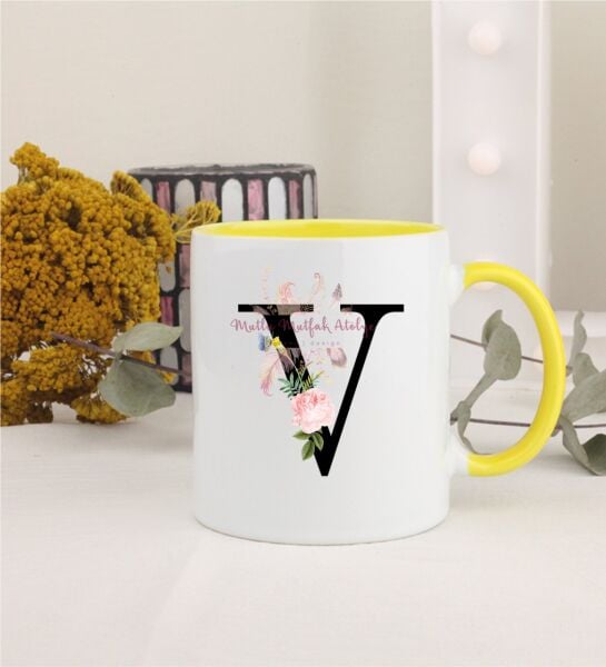 V Harfi Çiçek Desenli Sarı Kupa Bardak