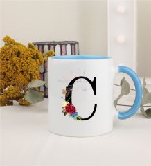 C Harfi Çiçek DesenliMavi Kupa Bardak