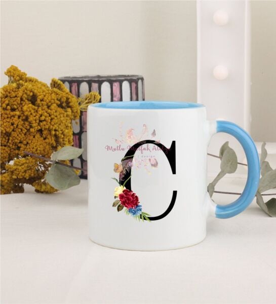 C Harfi Çiçek DesenliMavi Kupa Bardak
