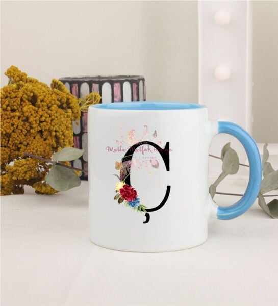 Ç Harfi Çiçek Desenli Mavi Kupa Bardak