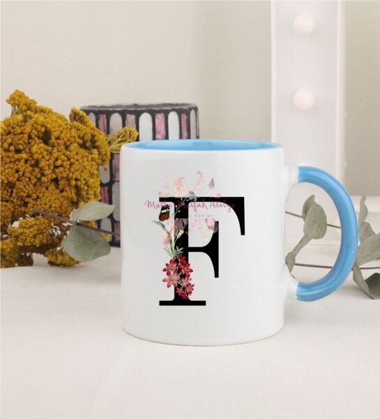 F Harfi Çiçek Desenli Mavi Kupa Bardak