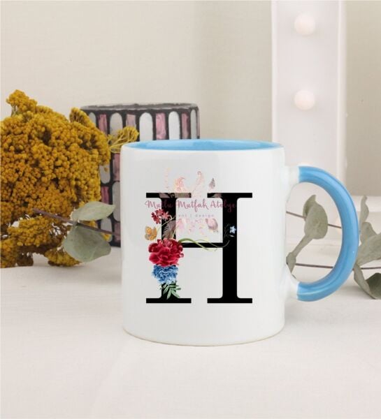 H Harfi Çiçek Desenli Mavi Kupa Bardak