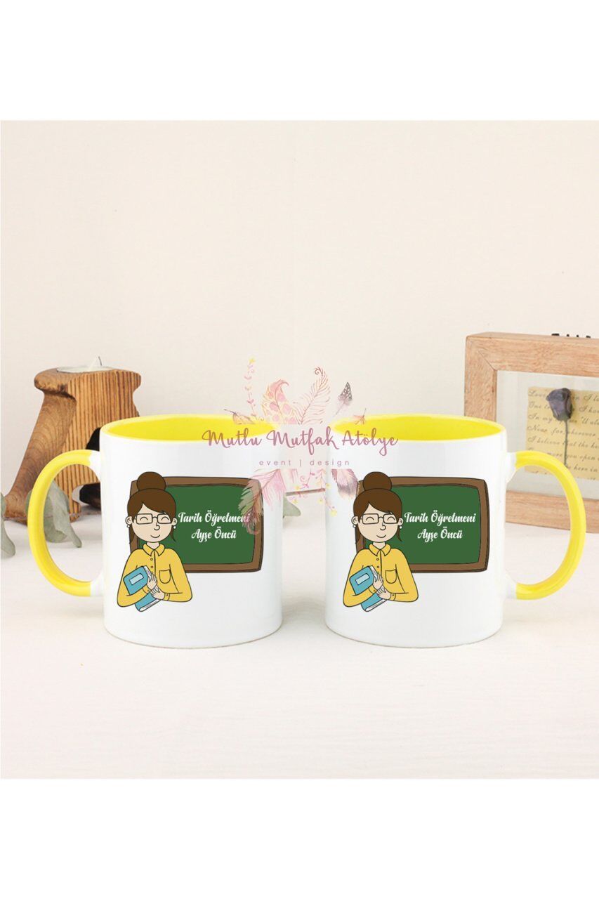 Kişiye Özel Öğretmenler Günü Hediyesi Bayan Öğretmen Mesleki İkili Sarı Kupa Bardak