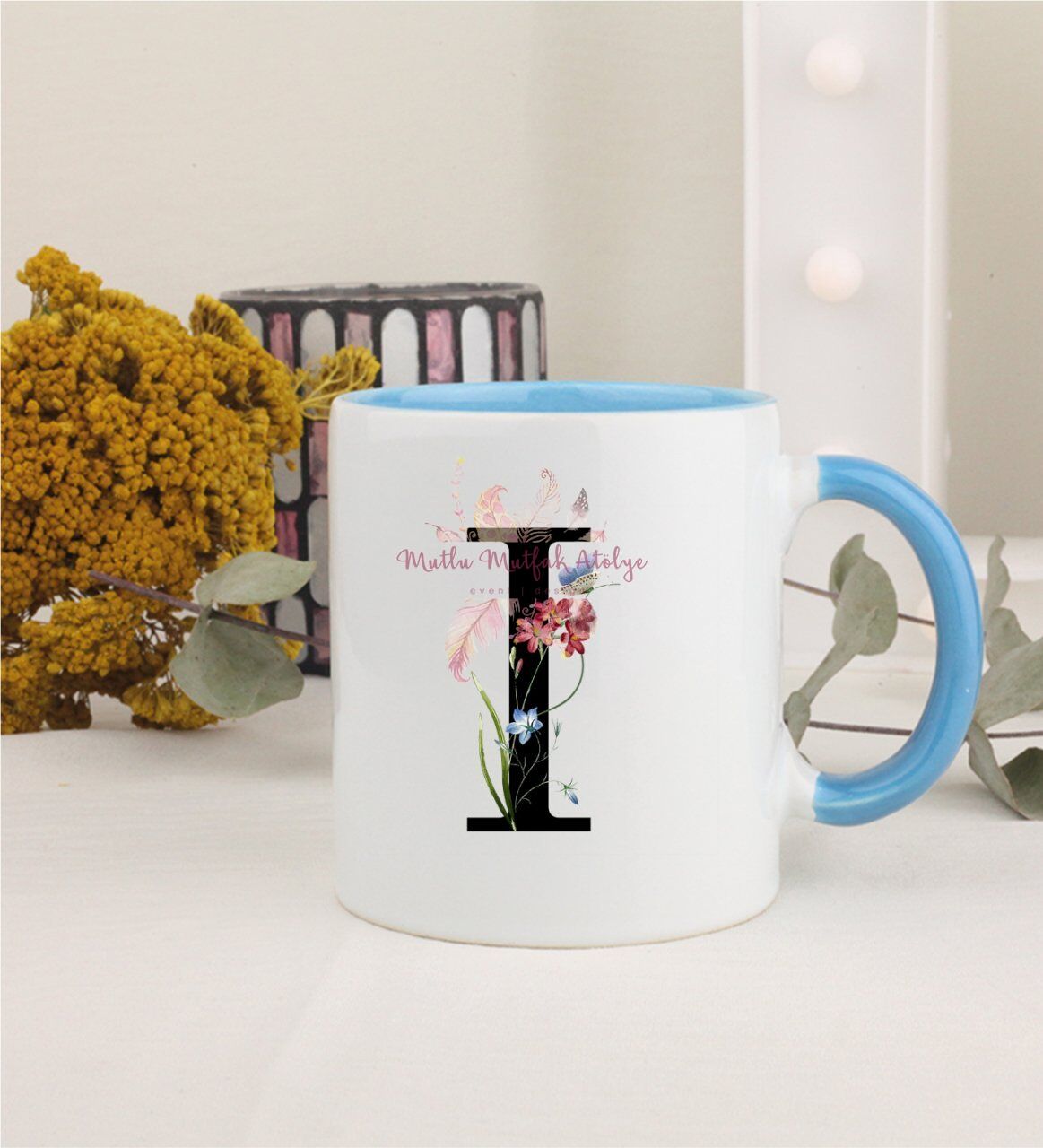 I Harfi Çiçek Desenli Mavi Kupa Bardak